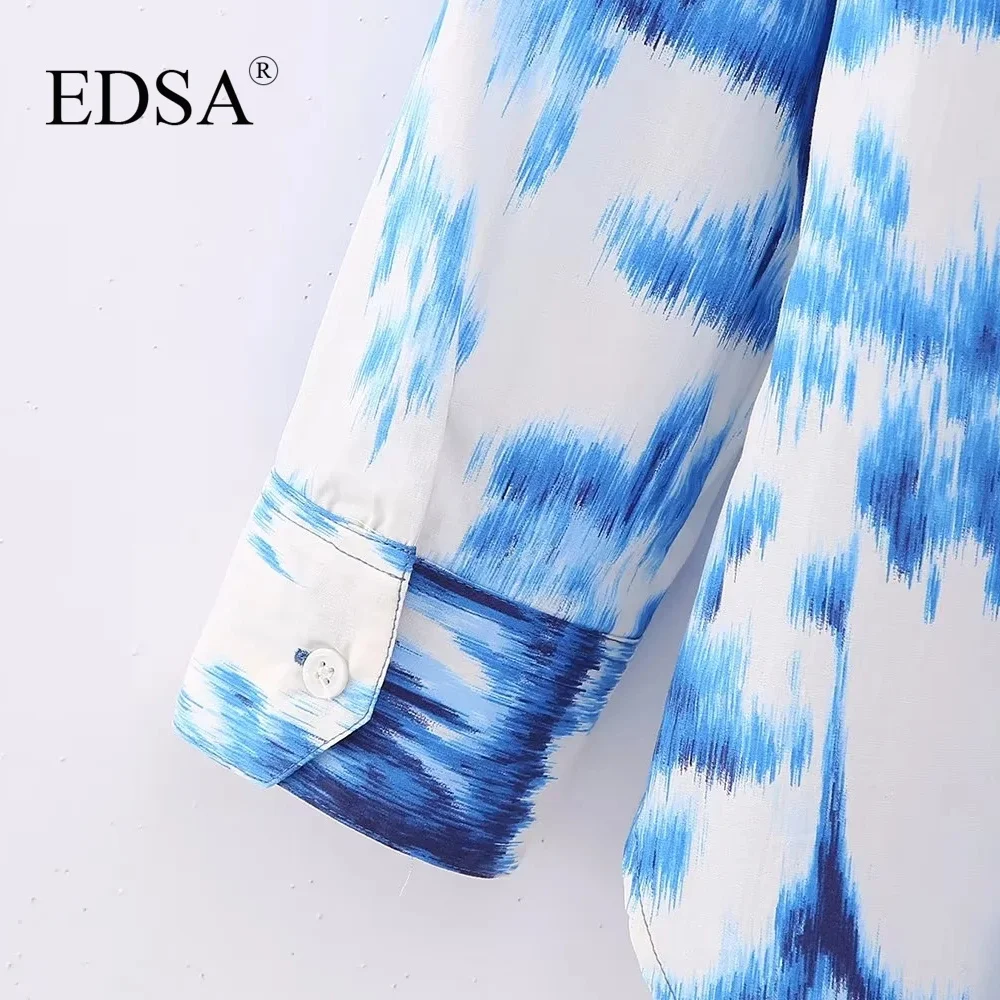 Женская элегантная синяя рубашка из поплина с принтом EDSA и юбка Миди, комплекты из 2 предметов, повседневная уличная одежда для девочек в тон. 2