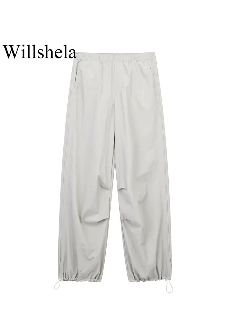 Willshela Женские модные Серые Однотонные гофрированные брюки Винтажные женские шикарные прямые брюки с высокой эластичной талией во всю длину 0