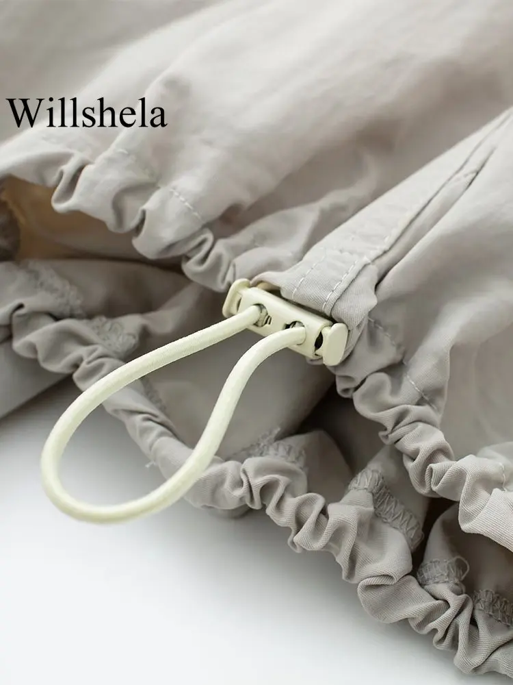 Willshela Женские модные Серые Однотонные гофрированные брюки Винтажные женские шикарные прямые брюки с высокой эластичной талией во всю длину 3