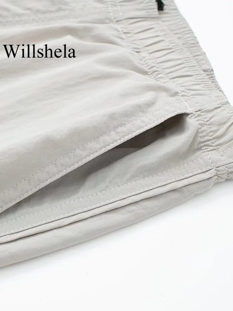 Willshela Женские модные Серые Однотонные гофрированные брюки Винтажные женские шикарные прямые брюки с высокой эластичной талией во всю длину 4