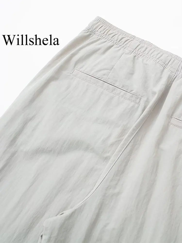 Willshela Женские модные Серые Однотонные гофрированные брюки Винтажные женские шикарные прямые брюки с высокой эластичной талией во всю длину 5