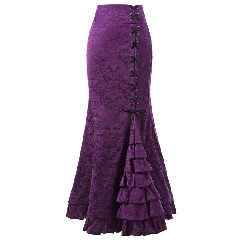 Женская готическая Винтажная юбка в викторианском стиле Стимпанк со шнуровкой, Многоуровневая Длинная юбка-русалка с оборками, Средневековые костюмы 2