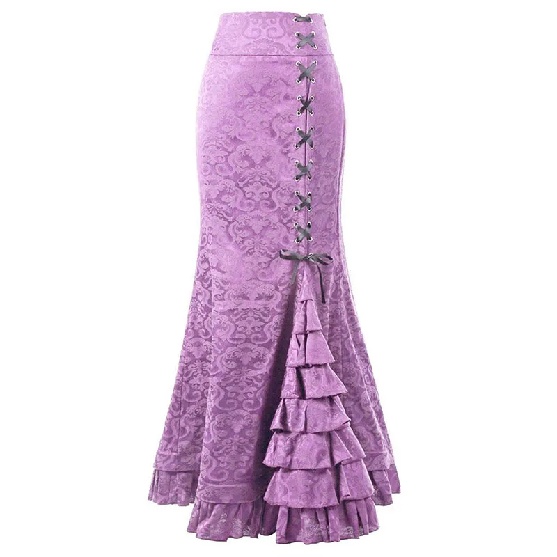 Женская готическая Винтажная юбка в викторианском стиле Стимпанк со шнуровкой, Многоуровневая Длинная юбка-русалка с оборками, Средневековые костюмы 4