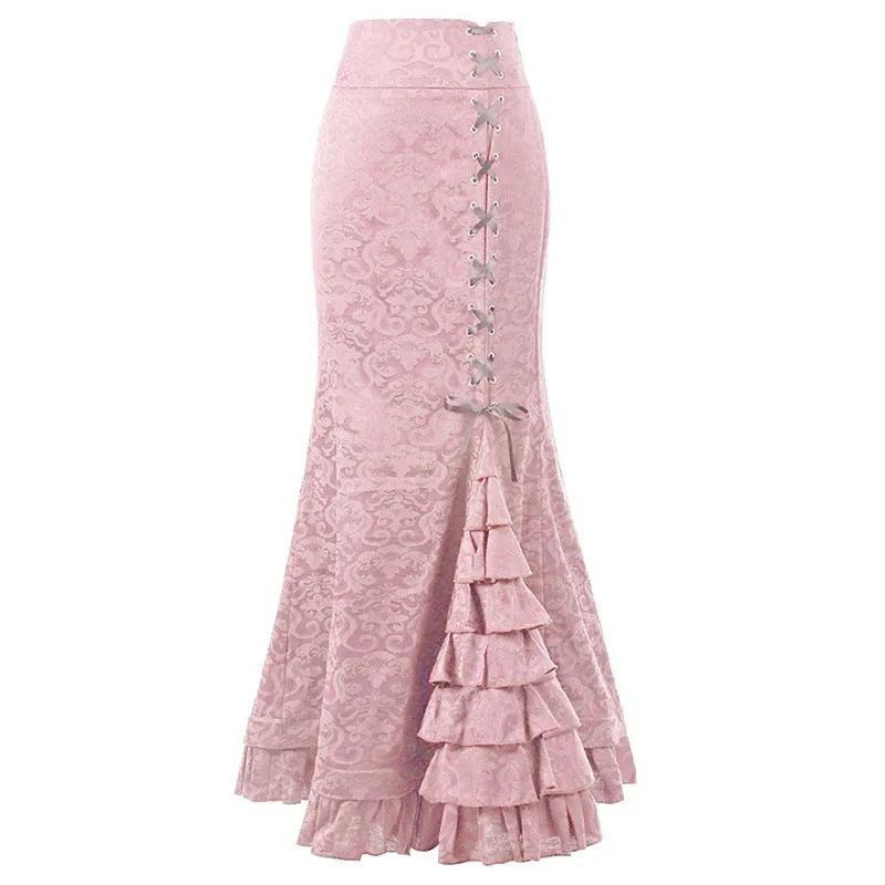 Женская готическая Винтажная юбка в викторианском стиле Стимпанк со шнуровкой, Многоуровневая Длинная юбка-русалка с оборками, Средневековые костюмы 5