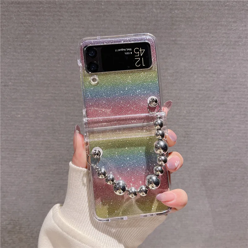 Браслет-цепочка из серебряных бусин с радужным блеском, чехол для Samsung Galaxy Z Flip 4, прозрачный жесткий чехол Z Flip 3 2
