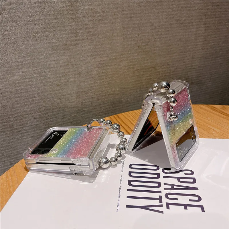 Браслет-цепочка из серебряных бусин с радужным блеском, чехол для Samsung Galaxy Z Flip 4, прозрачный жесткий чехол Z Flip 3 3