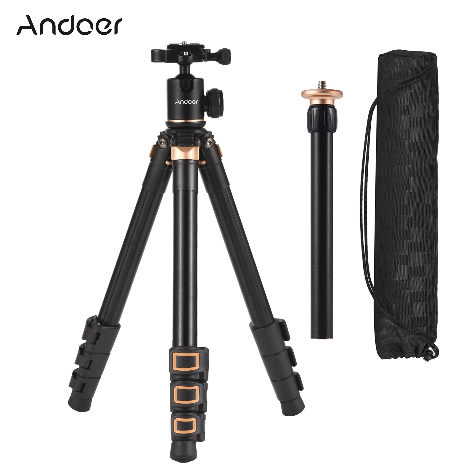 Штатив Для Камеры Andoer 140 см, Поворотная на 360 ° Шаровая Головка, Нагрузка 5 кг со Съемным 2-секционным Центральным Валом для Зеркальных Видеокамер 0