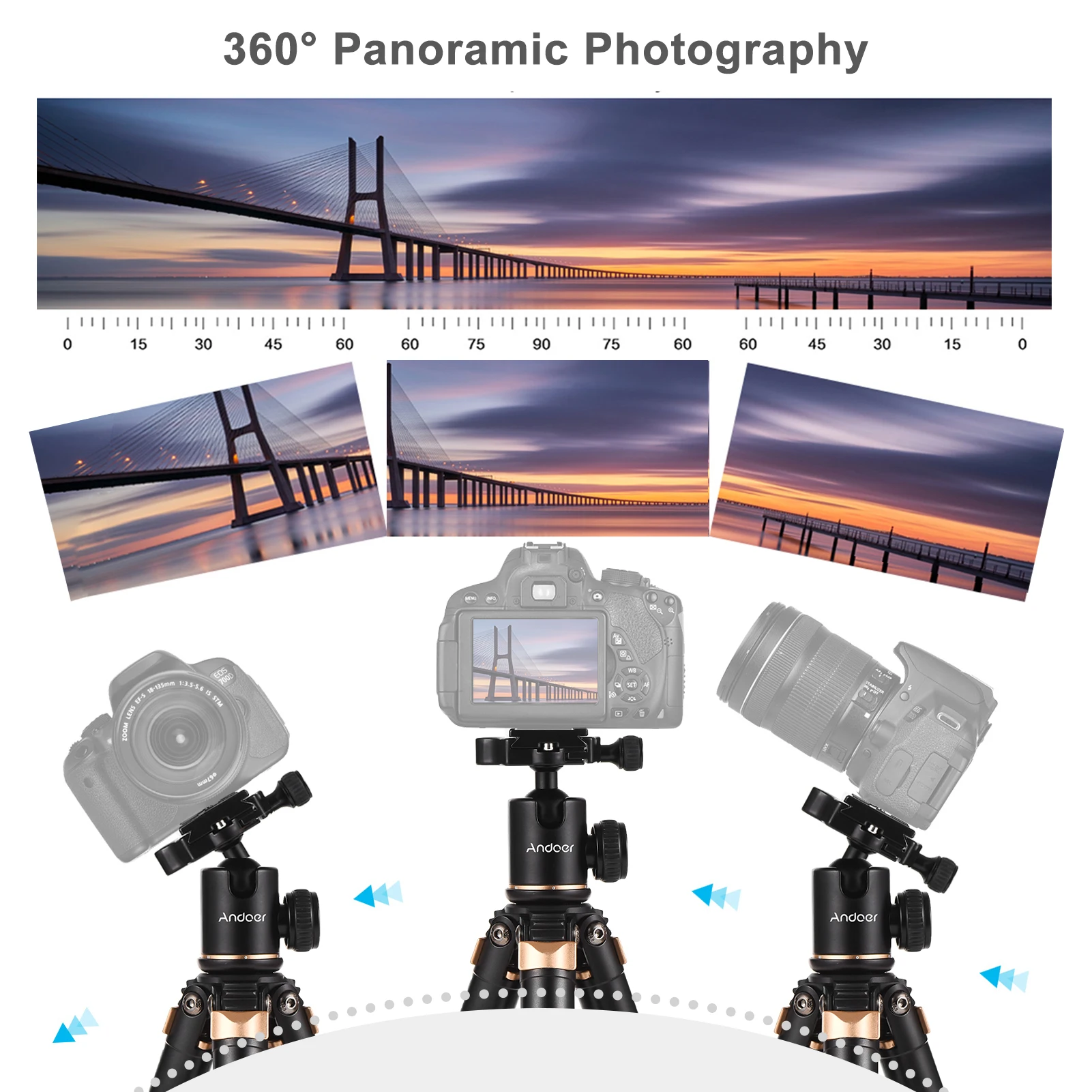 Штатив Для Камеры Andoer 140 см, Поворотная на 360 ° Шаровая Головка, Нагрузка 5 кг со Съемным 2-секционным Центральным Валом для Зеркальных Видеокамер 4