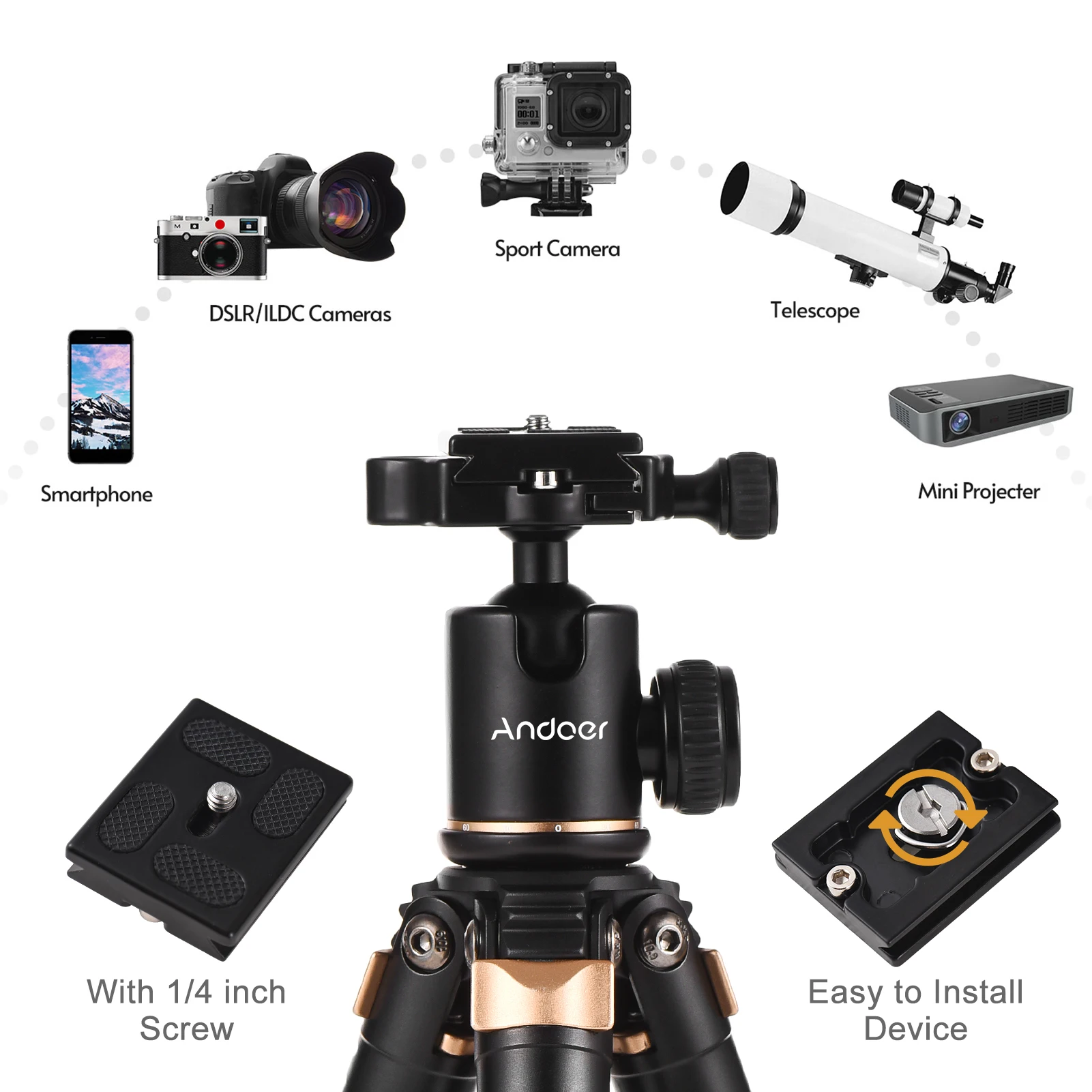 Штатив Для Камеры Andoer 140 см, Поворотная на 360 ° Шаровая Головка, Нагрузка 5 кг со Съемным 2-секционным Центральным Валом для Зеркальных Видеокамер 5