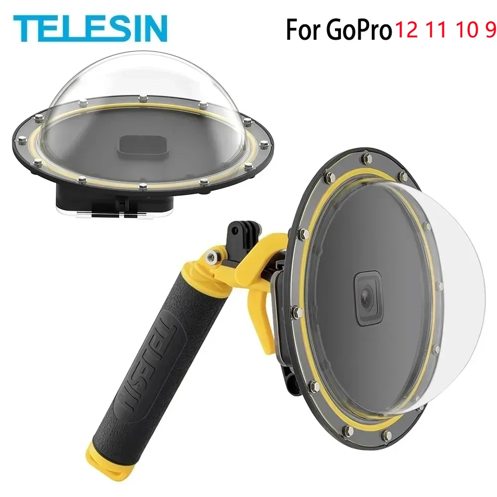 Водонепроницаемый чехол для дайвинга с купольным портом TELESIN, корпус Funda для GoPro Hero 12 11 10 9, Черные детали камеры с плавающим креплением 0