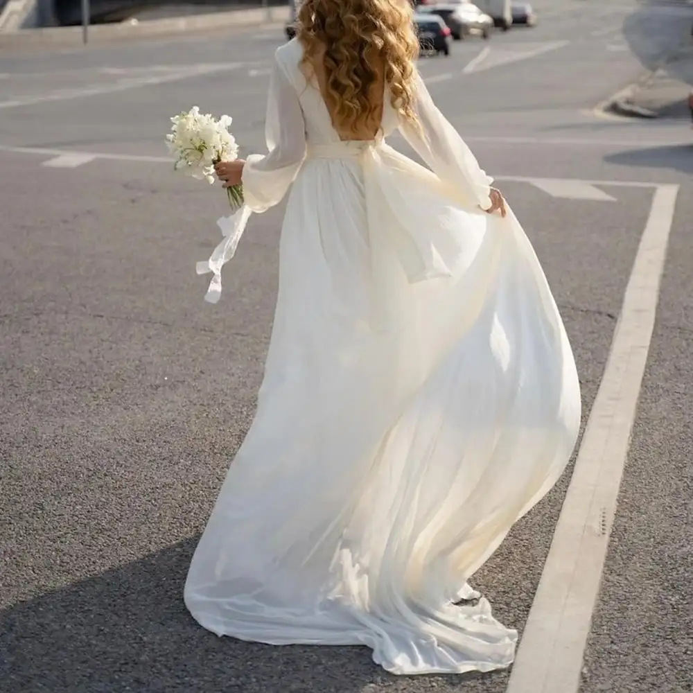 Сексуальное пляжное свадебное платье с драгоценным камнем и длинными рукавами, сшитое на заказ из шифона в стиле бохо, плиссированные простые свадебные платья с рюшами 0
