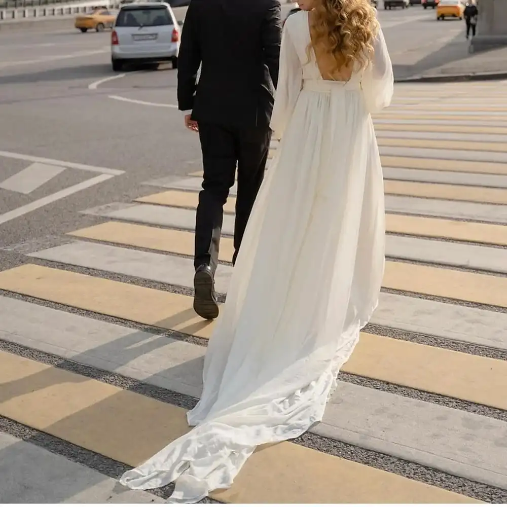 Сексуальное пляжное свадебное платье с драгоценным камнем и длинными рукавами, сшитое на заказ из шифона в стиле бохо, плиссированные простые свадебные платья с рюшами 1