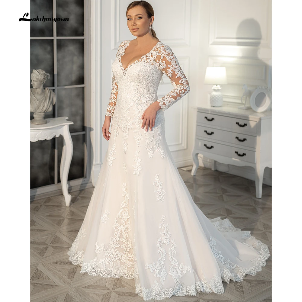 Скромные свадебные платья с длинными рукавами, свадебное платье большого размера с глубоким V-образным вырезом, кружевное платье невесты в стиле русалки Robe de Mariage 0
