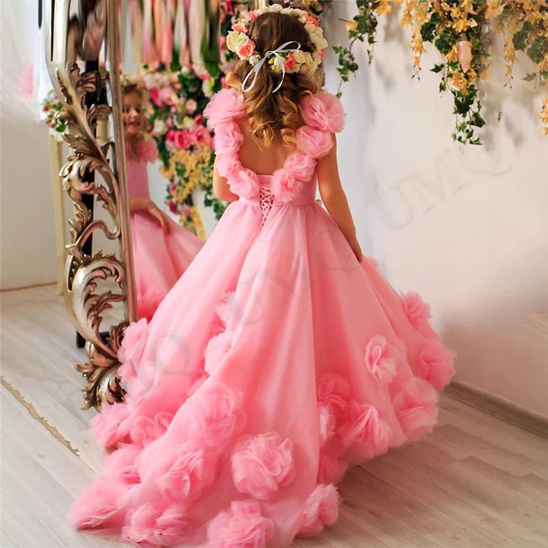 Потрясающее розовое милое платье с цветочным узором для девочки, костюмы для дня рождения, свадьбы, первого причастия, высококачественная прямая поставка 0