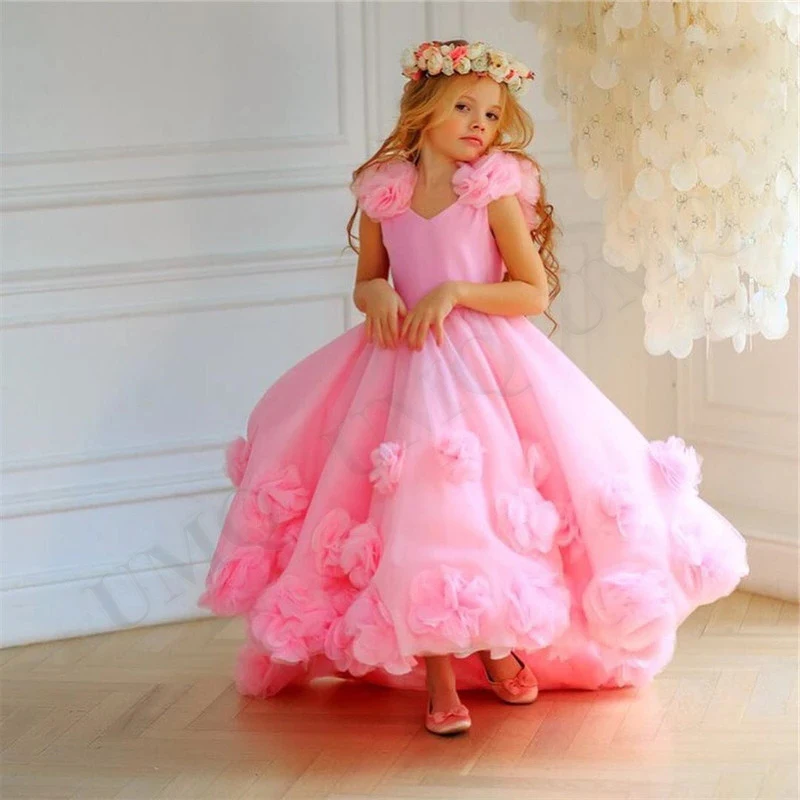 Потрясающее розовое милое платье с цветочным узором для девочки, костюмы для дня рождения, свадьбы, первого причастия, высококачественная прямая поставка 3