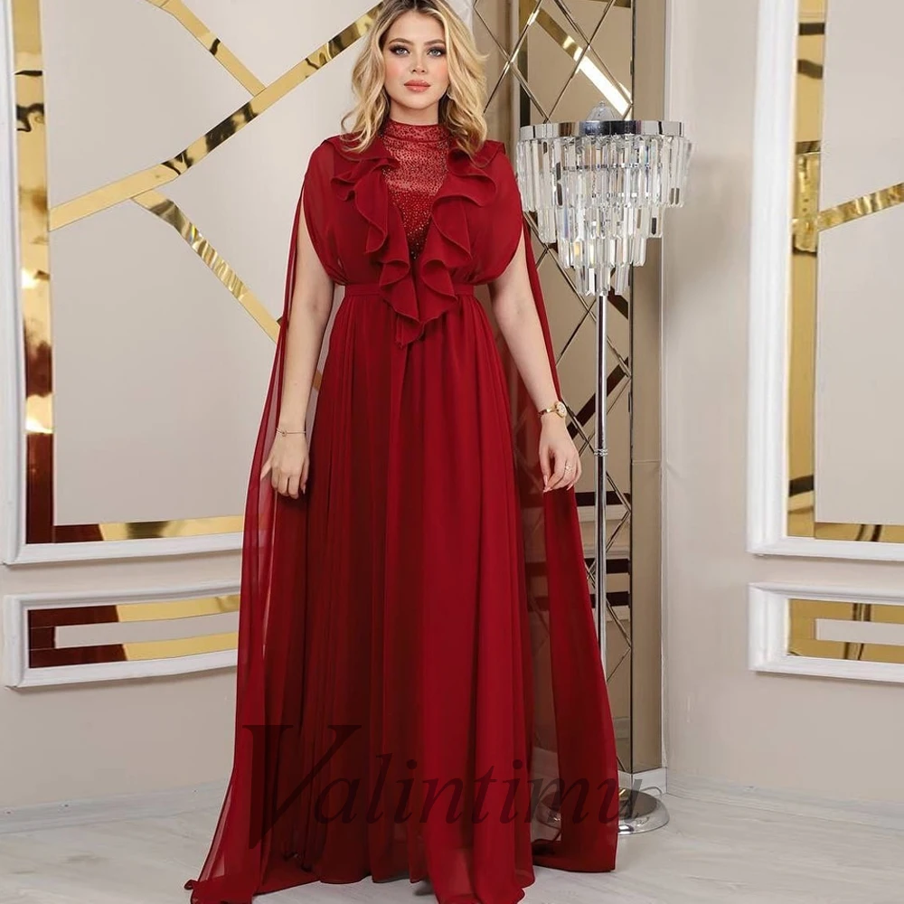 Простой темно-красный шифон, расшитый бисером, Кристаллы, Оборки, Дубайские вечерние платья для женщин, Трапециевидный халат на заказ, эластичный 1