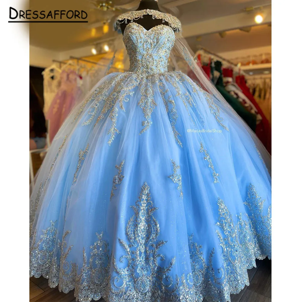 Небесно-голубые пышные платья принцессы С аппликацией в виде золотых блесток, бальное платье на день рождения, платье на шнуровке в виде сердца, платье Sweet 16, халат 0