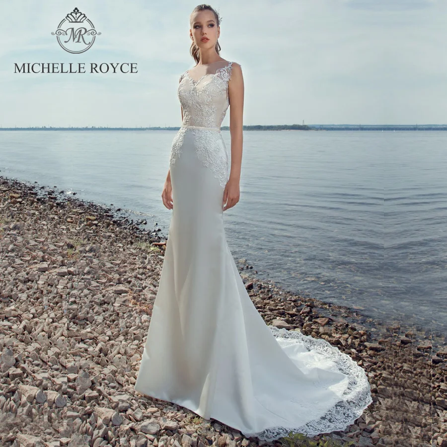 Свадебные платья Русалки Мишель Ройс 2020 с круглым вырезом и аппликацией, иллюзорные пуговицы, придворный шлейф, платья невесты, Vestido De Novia 0