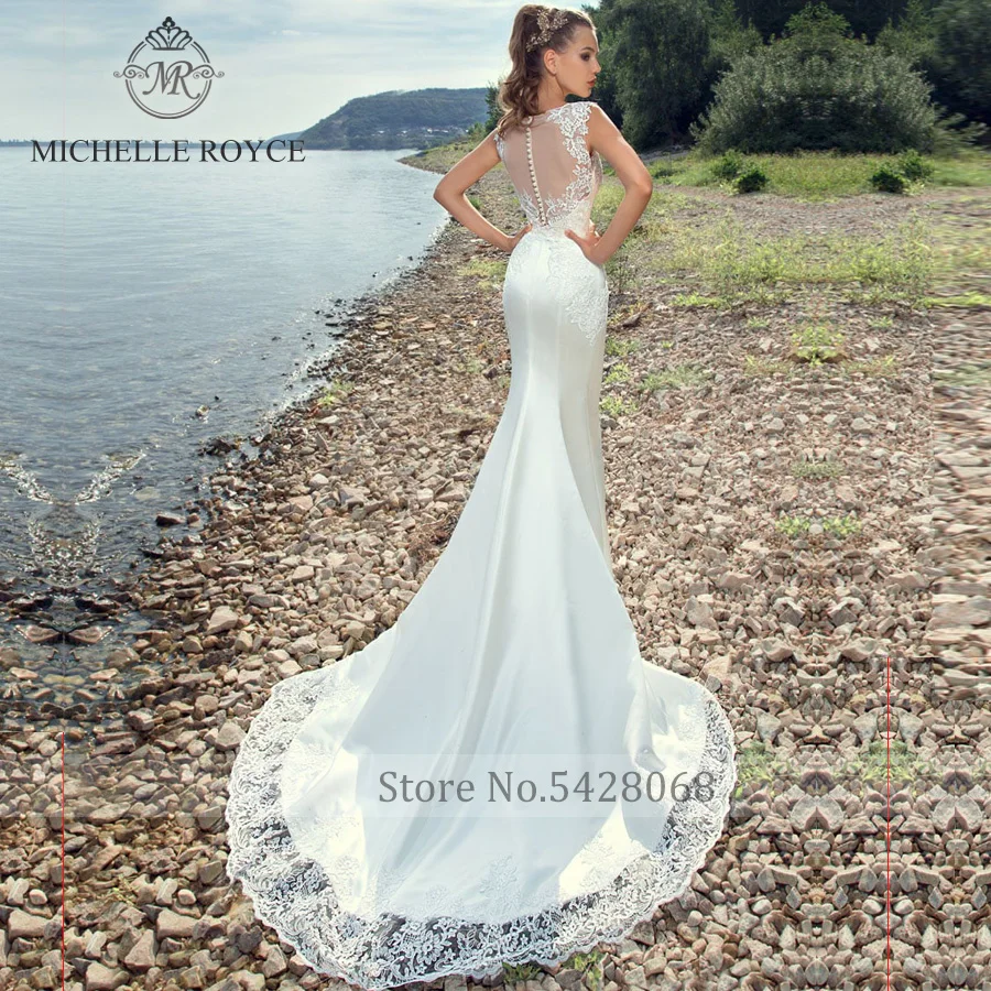 Свадебные платья Русалки Мишель Ройс 2020 с круглым вырезом и аппликацией, иллюзорные пуговицы, придворный шлейф, платья невесты, Vestido De Novia 1