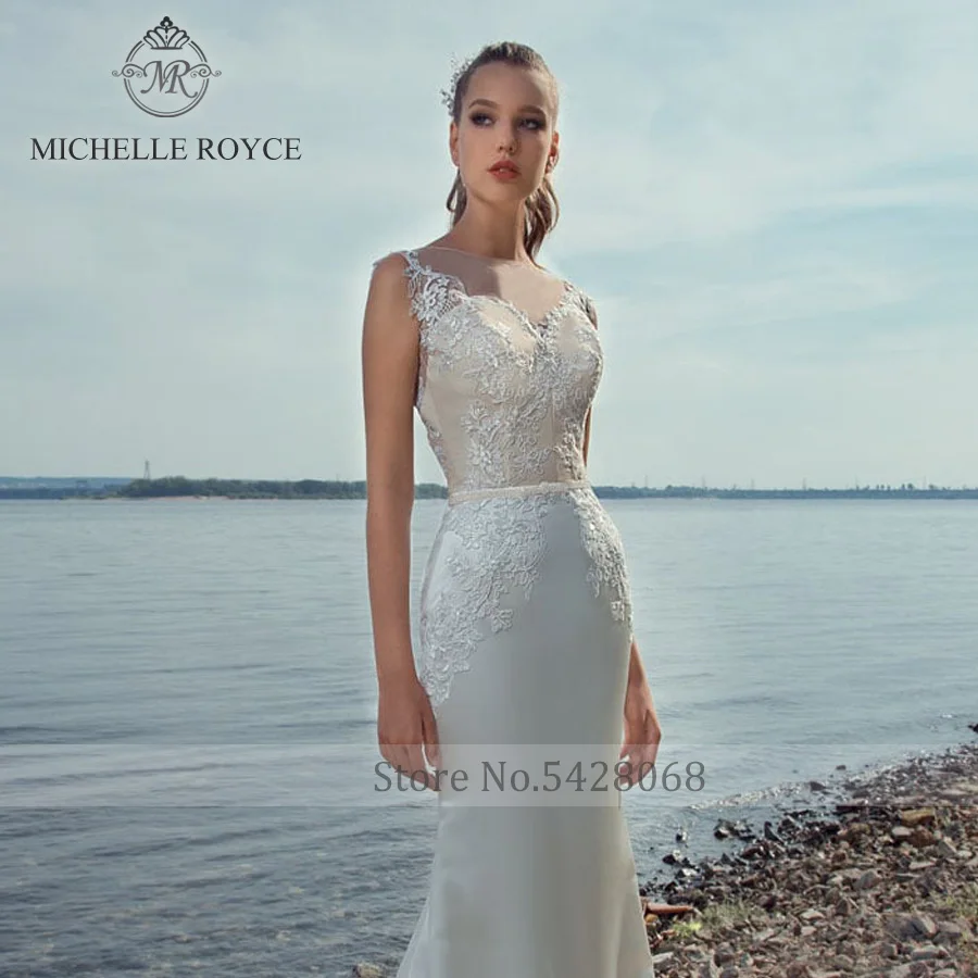 Свадебные платья Русалки Мишель Ройс 2020 с круглым вырезом и аппликацией, иллюзорные пуговицы, придворный шлейф, платья невесты, Vestido De Novia 2