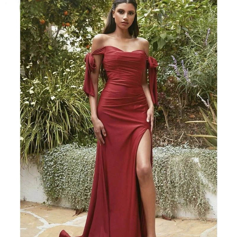 Красные платья для выпускного вечера, сексуальный шелковый атлас с V-образным вырезом без рукавов, разрез сбоку, Русалка, платья для выпускного вечера длиной до пола, vestidos de fiesta de noche 0