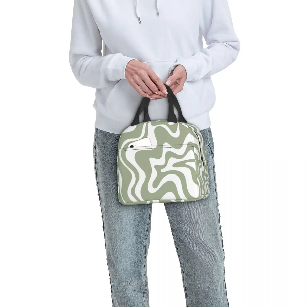 Абстрактный узор с жидким вихрем в салатово-зеленой изолированной сумке для ланча Геометрический Художественный кулер Термобокс для Бенто Для женщин Детские пакеты для еды 5
