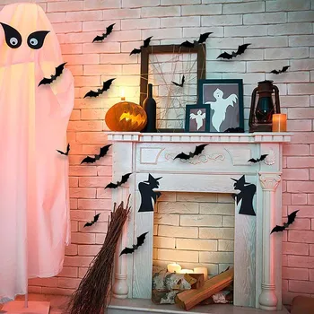 12шт, Хэллоуин, 3D, черные наклейки на стену с летучей мышью, Съемная наклейка 