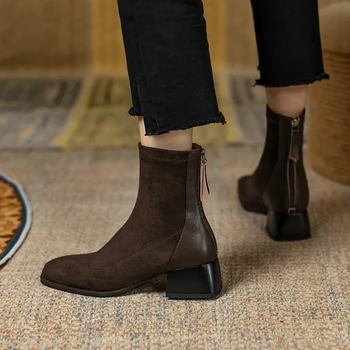 2022 осенне-зимние женские ботильоны из натуральной воловьей кожи 22-25 см + эластичный флис, обтягивающие ботинки на толстом каблуке с молнией сзади