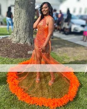 2023 Блестящие Оранжевые платья для выпускного вечера Русалка С перьями Африканские вечерние платья для вечеринок Бусы халаты