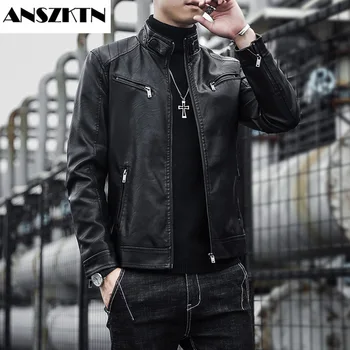 ANSZKTN Мужская одежда куртка из искусственной кожи с модным воротником-стойкой в стиле панк мужская мотоциклетная кожаная куртка