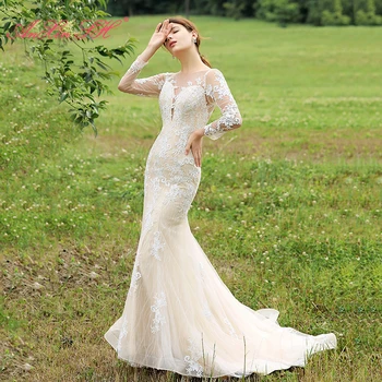 AnXin SH Французское ретро белое цветочное кружевное платье-труба принцесса с круглым вырезом иллюзия невесты на молнии с длинным рукавом Старинное свадебное платье русалки