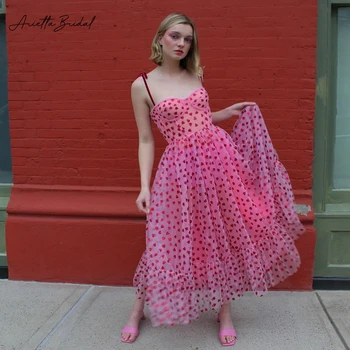 Arietta, розовые блестящие платья для выпускного вечера из плотного тюля миди, вечерние платья трапециевидной формы на тонких бретельках чайной длины, короткие платья для выпускного вечера