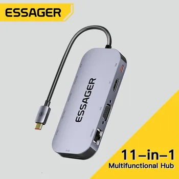 Essager 11 в 1 USB C КОНЦЕНТРАТОР 4K 30HZ Type C Док-станция Для Macbook Air Pro Адаптер-Разветвитель Для Ноутбуков, Совместимый с HDMI RJ45