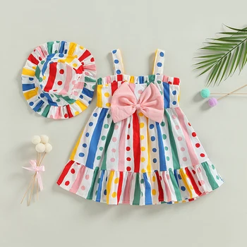FOCUSNORM 0-24 м, комплект милого платья для новорожденных девочек, платье трапециевидной формы без рукавов в красочную полоску и горошек с бантом и шляпой