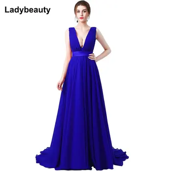 Ladybeauty 2018 Длинное вечернее платье со шлейфом Vneck, большие размеры, свадебное вечернее платье без рукавов, Шифоновые вечерние платья