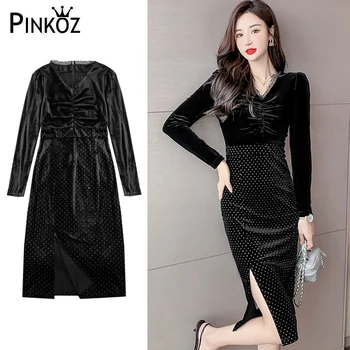 Pinkoz черное платье миди в стиле пэчворк, кружево в горошек, карандаш с V-образным вырезом и длинным рукавом, элегантное офисное женское бархатное модное женское платье za