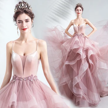 SSYFashion Новое Милое Розовое вечернее платье, сексуальное платье без рукавов с V-образным вырезом и пышным шлейфом, Длинные вечерние платья для выпускного вечера, Vestido De Noche