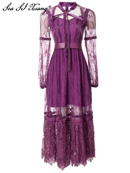 Seasixiang, модельер, Весенне-летнее Женское платье с рукавом-фонариком, Кружевной пояс в стиле пэчворк, Фиолетовые винтажные вечерние платья