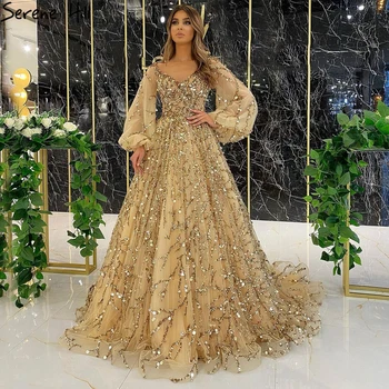 Serene Hill Dubai Роскошное Вечернее Платье Трапециевидной Формы, Расшитое Золотым Бисером, Для Женщин 2023, С Пышными Рукавами И V-образным вырезом, Сексуальное Вечернее Платье CLA71049