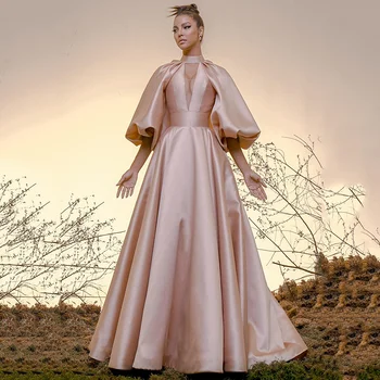 UZN Элегантные розовые вечерние платья трапециевидной формы с высоким воротом и длинными рукавами 3/4, платье для выпускного вечера на молнии сзади, вечернее платье из Саудовской Аравии, индивидуальный размер