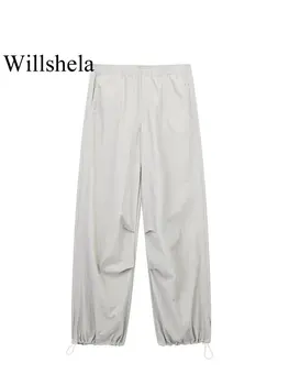Willshela Женские модные Серые Однотонные гофрированные брюки Винтажные женские шикарные прямые брюки с высокой эластичной талией во всю длину