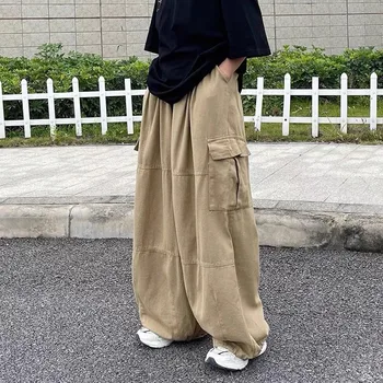 Zoki Harajuku Уличная одежда в стиле хип-хоп, брюки-карго цвета хаки, женские брюки-карго с карманами оверсайз, японские модные черные брюки с широкими штанинами