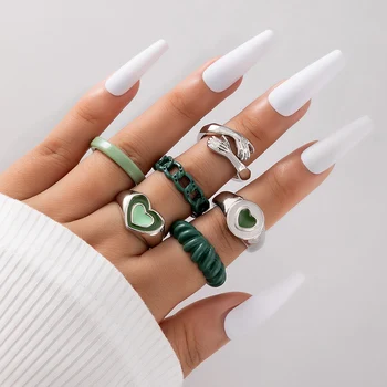 docona Fashion Green Love Palm Ring Set for Women Геометрически Неправильная Акриловая Капля Масла Из Шести Частей кольца 22707