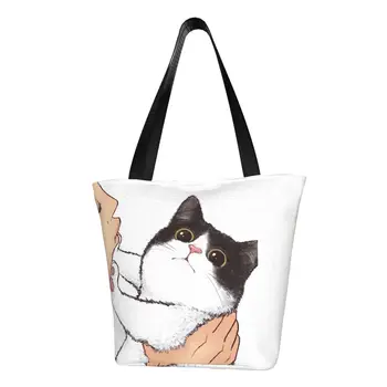 Без поцелуев, Сумка для покупок с милым котом, Женская сумка для покупок с котенком, Холщовая сумка для покупок на плечо, сумки большой емкости