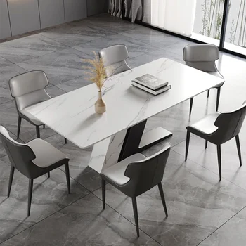 Белый обеденный стол с прямоугольной столешницей из спеченного камня, Z-образное основание из нержавеющей стали, белая и черная ножки, 63 дюйма