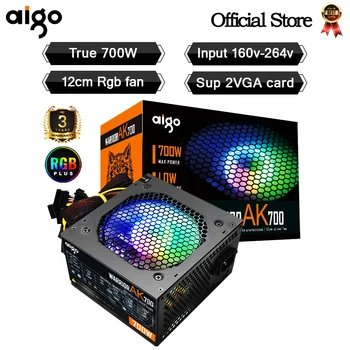 Блок питания Aigo AK 700W PC PSU Черный игровой бесшумный 120-мм RGB вентилятор 24pin 12V ATX для настольного компьютера для BTC