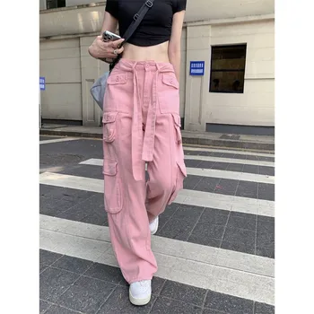 Брюки-карго Y2K с карманами, женские прямые брюки во всю длину, Harajuku, винтажные эстетичные брюки 90-х, широкие мешковатые брюки, новинка 2023 года