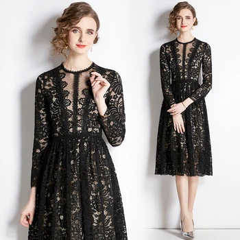 Весеннее платье 2023, кружевное женское платье с длинным рукавом, открытая вышивка, Высокая талия, черные вечерние платья трапециевидной формы Миди для вечеринок