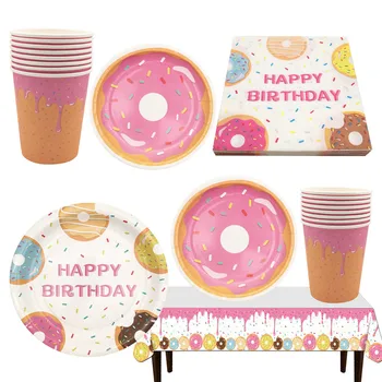Вечеринка с пончиками Бумажные Тарелки Чашки Салфетки Скатерть Одноразовая Посуда Детский Душ Детские Принадлежности для декора вечеринки с Днем Рождения