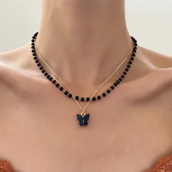 Винтажная черная цепочка в стиле барокко с подвеской-бабочкой из бисера, ожерелье для женщин в стиле Бохо, Многоуровневые украшения для вечеринок, подарок Оптом